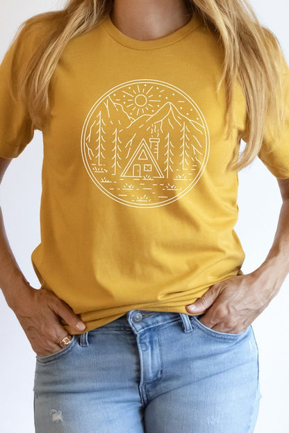 Cabin in Forest Sun Shining Vacation Graphic Tee Shirt