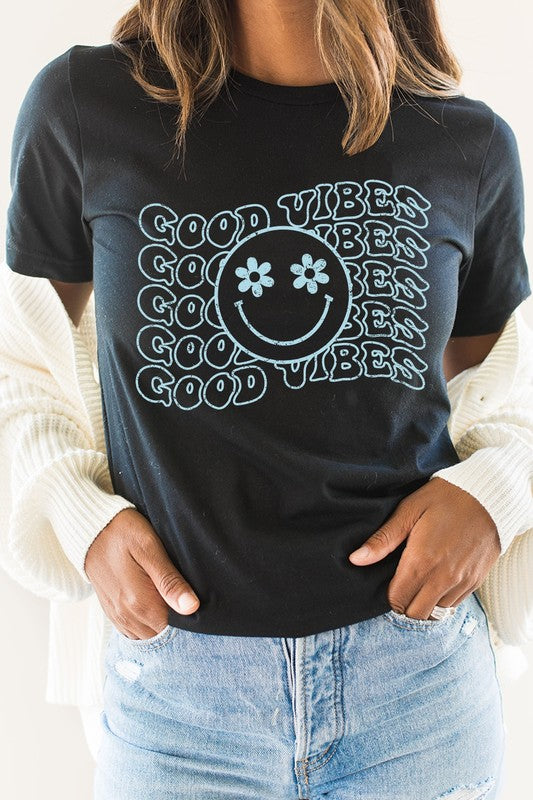 Good Vibes Flower Eyes Smiley Summer Graphic Tee Shirt