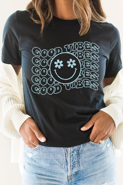 Good Vibes Flower Eyes Smiley Summer Graphic Tee Shirt