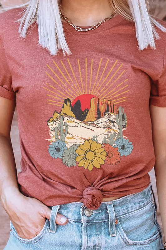 Desert Sunset Arches Floral Cacti Boho Graphic Tee Shirt