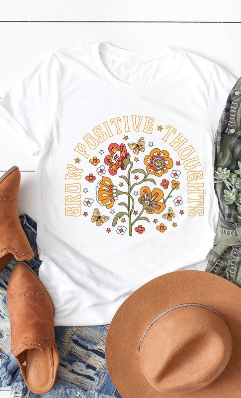 Retro Grow Positive Thoughts Floral Graphic Tee Shirts