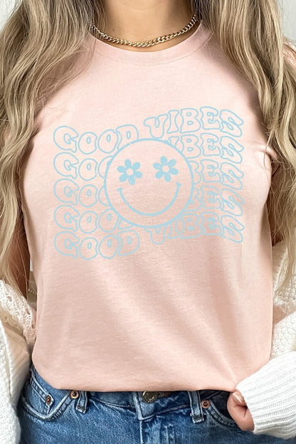 Good Vibes Flower Eyes Smiley Summer Graphic Tee Shirt