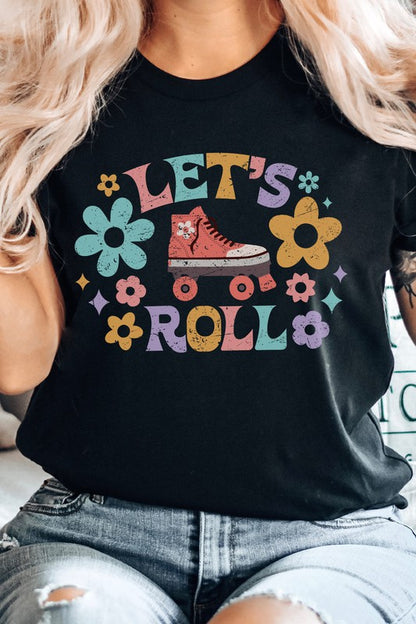 Lets Roll High top Roller Skate Floral Graphic Tee Shirt