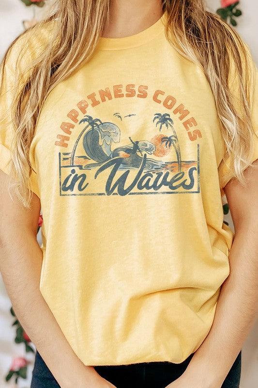 Happiness Comes In Waves Surf Graphic Tee Shirt