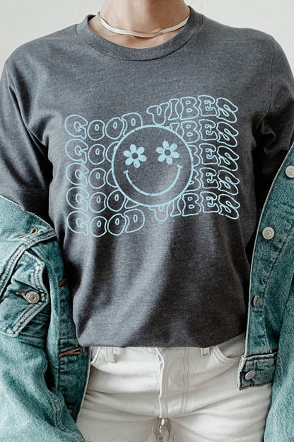 Good Vibes Flower Eyes Smiley Summer Graphic Tee Shirt