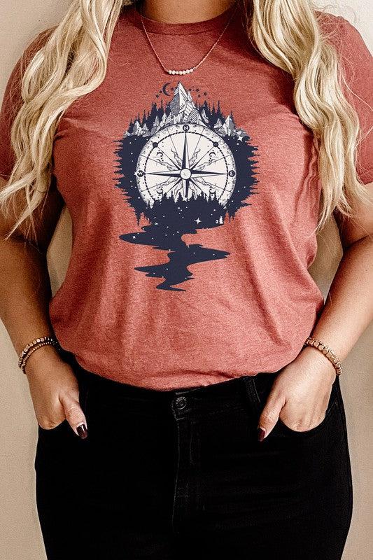 Compass Mountains Forest Night Sky Graphic Tee Shirt