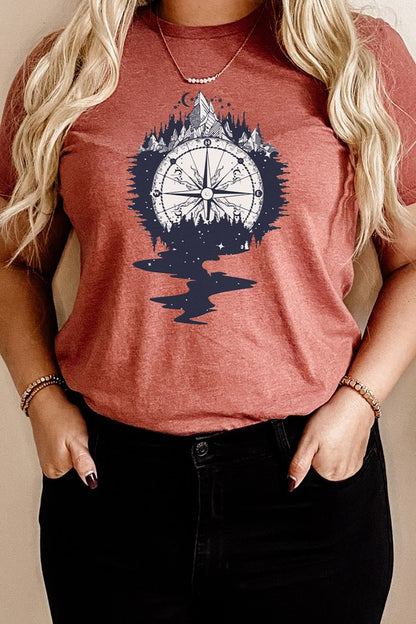 Compass Mountains Forest Night Sky Graphic Tee Shirt