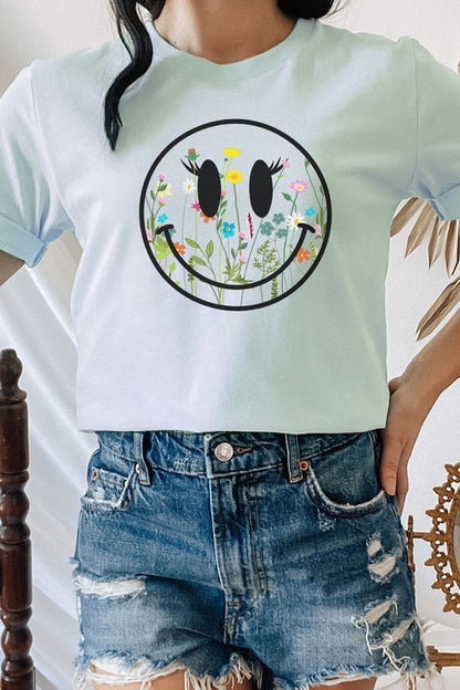 Boho Wildflower Lash Smiley Floral Graphic Tee Shirt